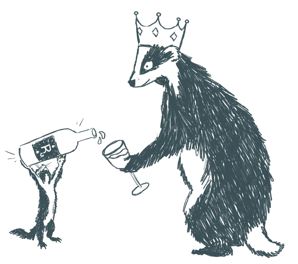 Squirrel pouring wine for badger